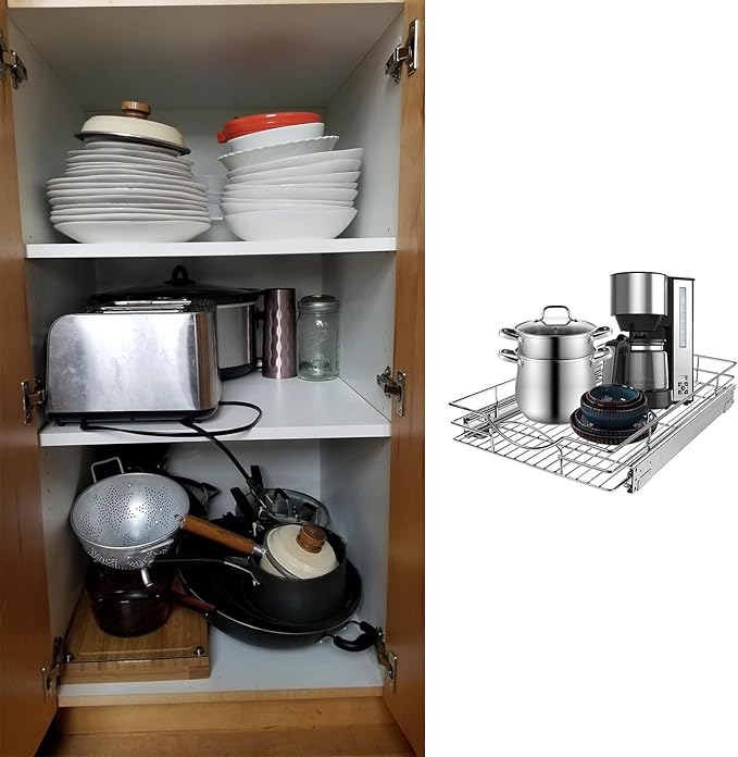 Pull Out Cabinet Drawer Organizer, 14”W x 21”D - Requires At Least 15 Cabinet Opening, Heavy Duty Slide Out Shelves, Sliding Drawer Storage for Kitchen, Bathroom, Chrome Finish