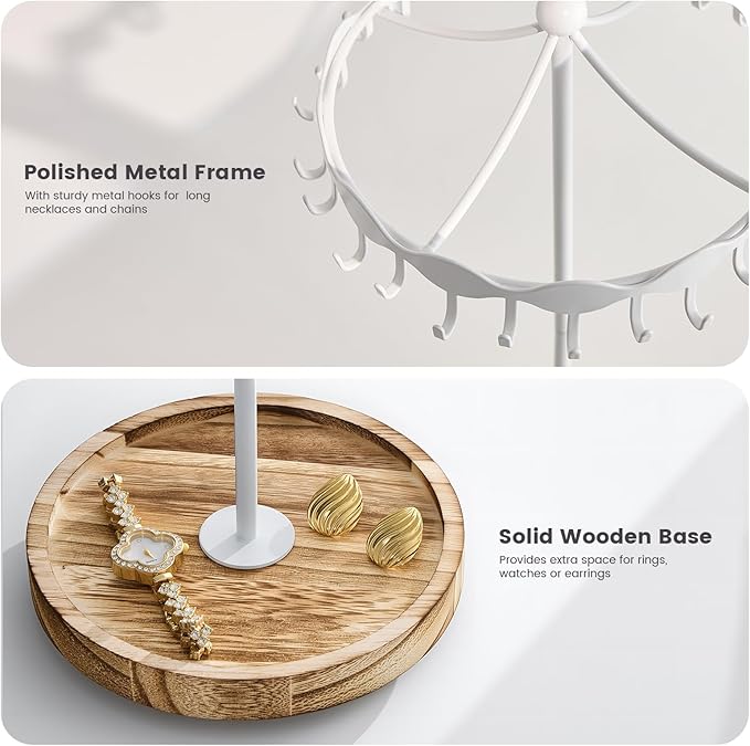 Lolalet Rotating Necklace Holder Stand with Metal Hooks, Spinning Display Carousels, Freestanding Organizer Hanger, for Long Necklaces Chains -White