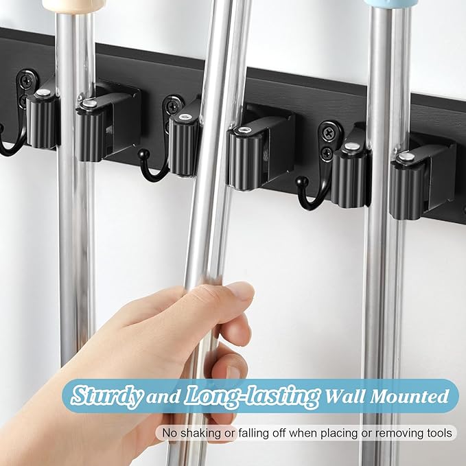 Black Broom Holder Wall Mount - Heavy Duty Wood Mop and Broom Organizer with 5 Slots & 4 Hooks - Sturdy Garden Tool Hanger for Laundry Room Closet Kitchen Garage Storage and Organization