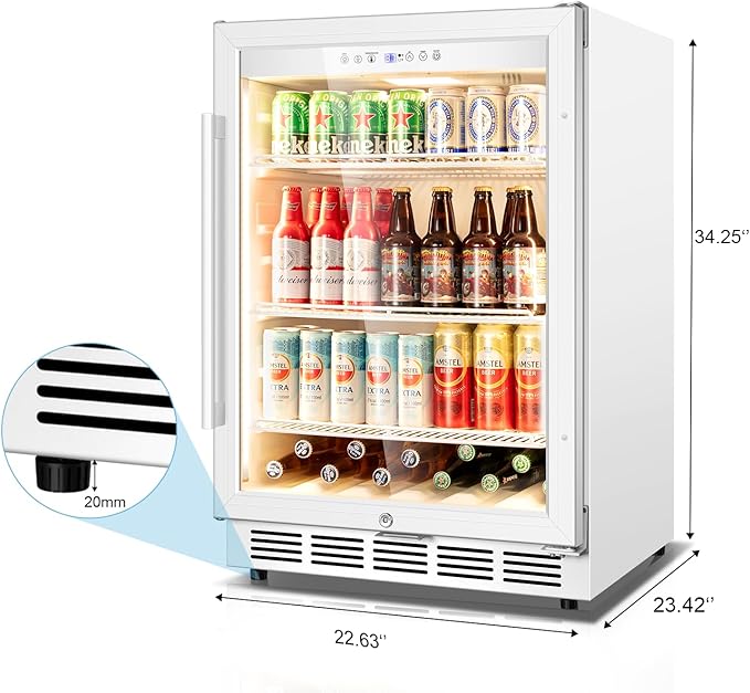 Beverage Refrigerator, 4.9 Cubic Feet Undercounter/Freestanding 24 Inch Beverage Fridge with Glass Door, LED Light, Safety Lock, Touch Control, Low Noise (White)