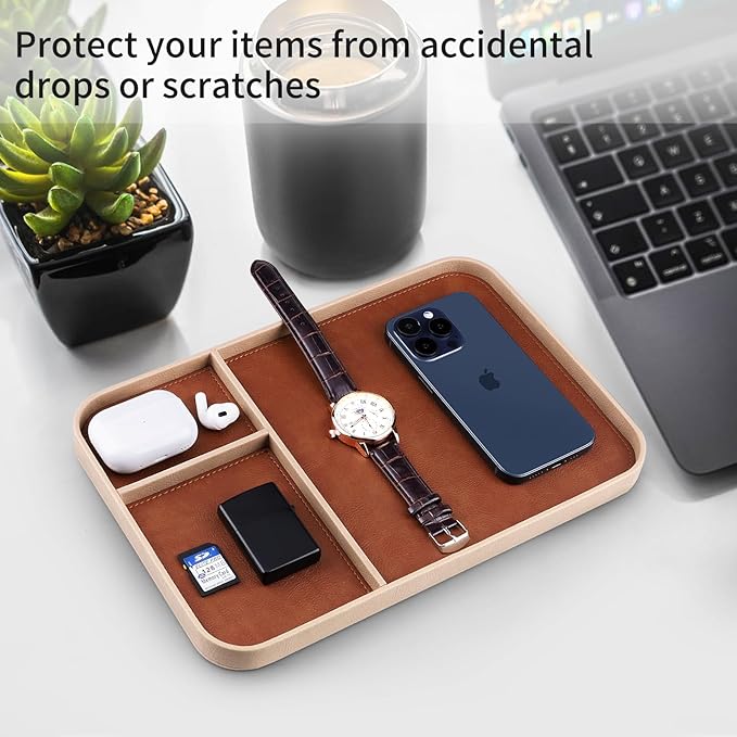 SENEN Leather Tray, Stylish and Organized Multifunctional Tray, for Table Entryway, Premium PU Leather, Catchall Tray for Keys, Watch, Wallet, Jewelry, and More (Beige Frame)