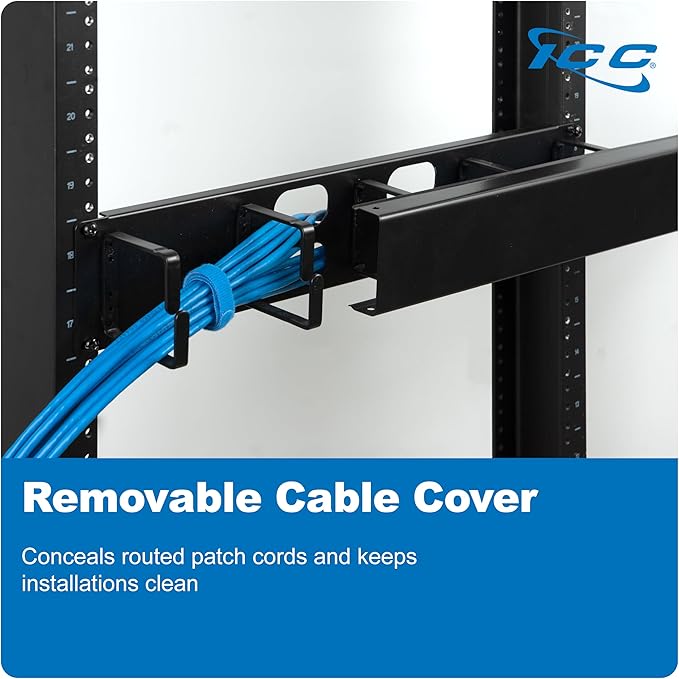 ICC 2U Ring Cable Manager Panel with Cover, Metal, 3" D-Rings, Horizontal Cable Management, Rackmount for 19” Network Racks, Black, Single Pack