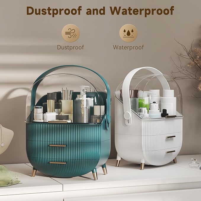 Makeup Organizers, Make Up Organizer for Vanity, Countertop Cosmetic Storage with Drawers and Transparent Cover for Bedroom Bathroom, White