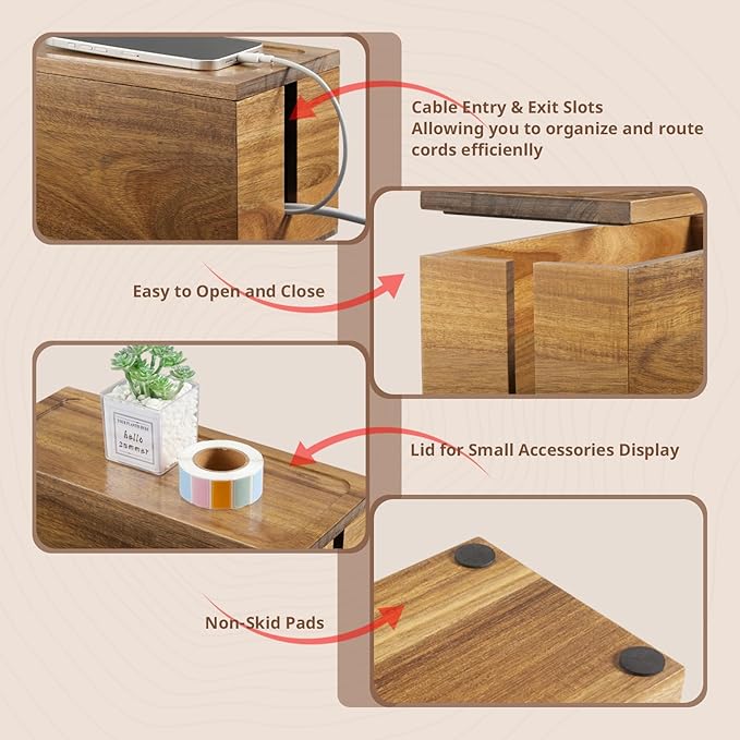 Acacia Wood Cable Management Box - Cable Organizer Box - 2 Open Slots Cords Hider Box - Under Desk Cord Organizer for Power Strip Extension Cord Surge Protector Charger Wire
