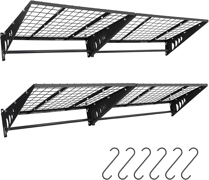 Garage Shelving 2x3ft 4-Pack, Garage Storage Rack 24"x36" Metal Shelves Black Wall Mounted with rods & 6 Hooks, Heavy Duty Wall Shelving Floating Shelves, 1000lbs Total load Capacity