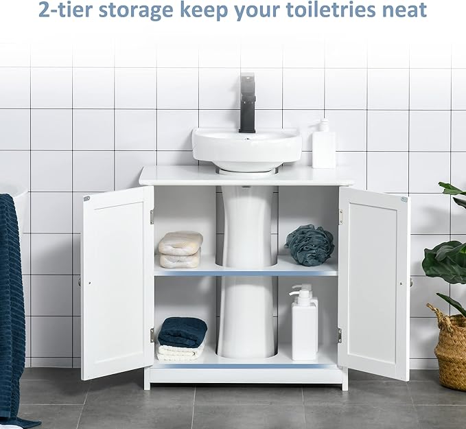 kleankin 23.5" Pedestal Sink Storage Cabinet, Freestanding Bathroom Under Sink Cabinet with U-Shape Cut-Out and Adjustable Shelf, White