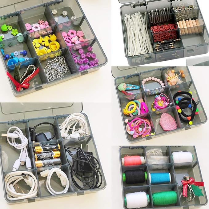 2 Pack Plastic Storage Organizer Box, Storage Container, Jewelry Organizer, Parts Storage Box with Dividers for Crafts, Beads, Buttons, Ornaments, Metal Parts(9 Grids 2 Pack)
