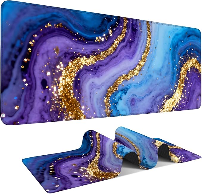Blue and Gold Stripes Gaming Mouse Pad 31.5"x11.8"Desk Mat Anti-Slip Rubber Base & Durable Stitched Edges for Gamers Smooth Mouse Writing Surface for Desk Office/Home