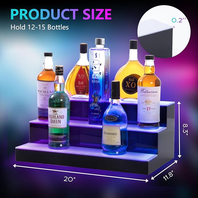 Led Lighted Liquor Bottle Display Shelf, 20 Inch 3 Tier Whiskey Rack, Support USB, Bar Stand with RF Remote & App Control, Illuminated Acrylic Lighting Shelves for 18 Bottles, Home Bar, Party