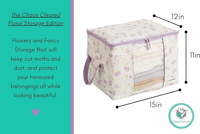 Designer Canvas Clothing Storage Bags 2 Pack Purple Floral Clothes Organizer bags for sweaters, clothing, garments, quilt, linens, large folding organizers with zip & window, moth proof space saver