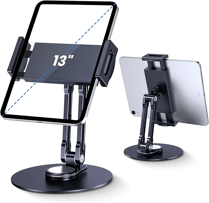 Tablet Stand Holder for iPad, Adjustable with 360 Rotating Base for Desk, Aluminum Swivel Tablet Stand Compatible with iPad Air, Mini, 10.2,9.7, Pro 11/13 and More