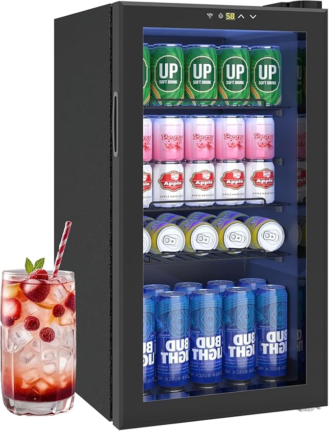Beverage Refrigerator Cooler, 120 Can/3.2 Cu.Ft Mini Fridge with Glass Door and Electronic Temperature Control for Beer, Wine, Soda, Compact Drink Fridge for Home, Office, Bar