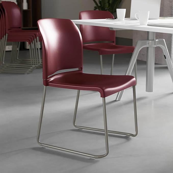 Flash Furniture HERCULES Series 880 lb. Capacity Burgundy Full Back Contoured Stack Chair with Gray Powder Coated Sled Base