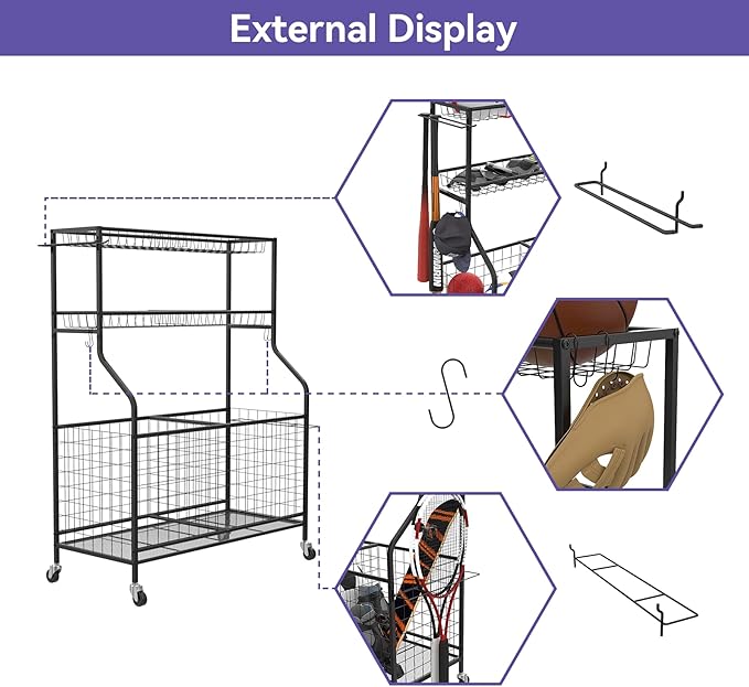 WALMANN Garage Ball and Sports Equipment Organizer, Ball Storage Rack Indoor/Outdoor Kids Ball/Toy Storage Organizer Bins, Rolling Ball Cart with Baskets