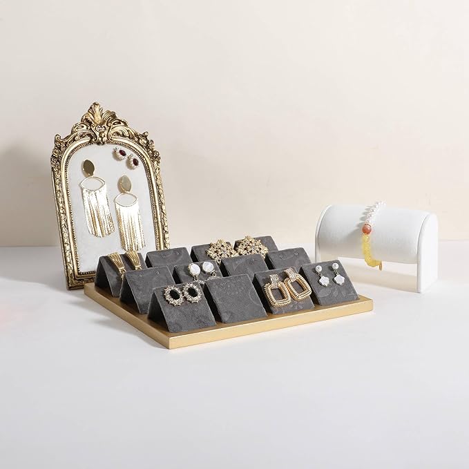 GemeShou Golden coated earring display stand for selling, velvet stud earring holder for jewelry display, Jewlery earring storage organizer tray, studs holder jewelry organizer【Earring holder-Grey】