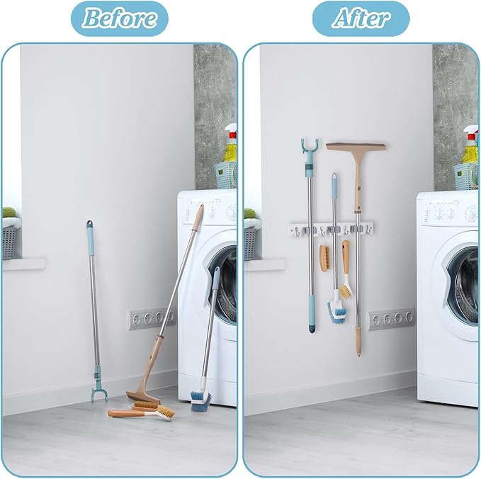 White Broom Holder Wall Mount - Heavy Duty Wood Mop and Broom Organizer with 3 Slots & 4 Hooks - Garden Tool Hanger for Laundry Room Closet Kitchen Garage Storage and Organization - Modern Home Decor