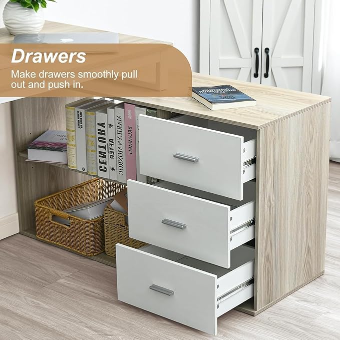 55 Inch Reversible L Shaped Computer Desk with 3 Drawers, Corner Desk with Storage Shelves and Removable Monitor Stand, White and Walnut