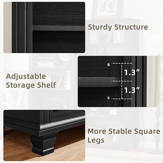 70" Tall Black Bookshelf,5 Tier Wooden Book Shelf with Adjustable Shelves & Wood Legs,Free Standing Farmhouse Bookcase with Open Display Storage,Vintage Bookshelves for Living Room, 3PCS