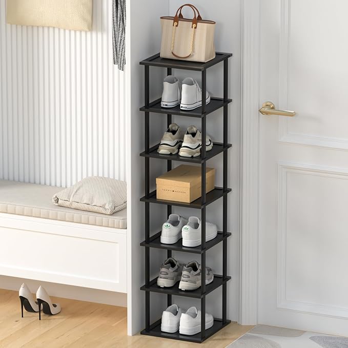 Bamboo Free Standing Shoe Rack Shelf Multi Tier Tall Wooden Stackable Shoes Rack Organizer for Closet Front Door Entrance Narrow Vertical Shoe Storage Rack for Corner Stand (Black, 7 Tiers)