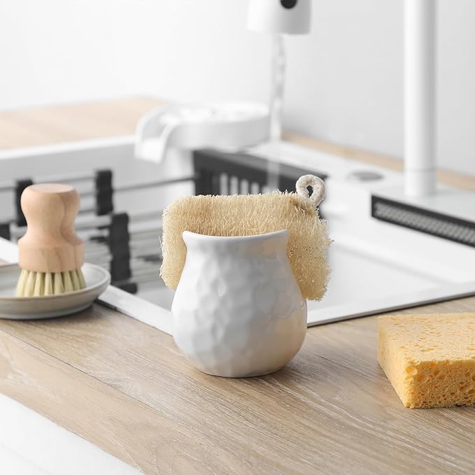 White Kitchen Sponge Holder, Ceramic Dish Sponge Holder Scrubby Daddy Farmhouse Dish Rack Brush Holder for Bathroom, Kitchen, Sink, Special White