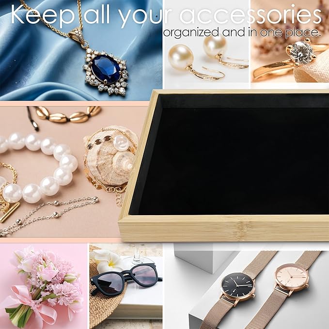 MOOCA 2 Pcs Bamboo Jewelry Display Tray, Presentation Tray, Organizer for Rings, Necklaces, Earrings, and Accessories, Black Color, 14" W x 9.6" D x 1.2" H
