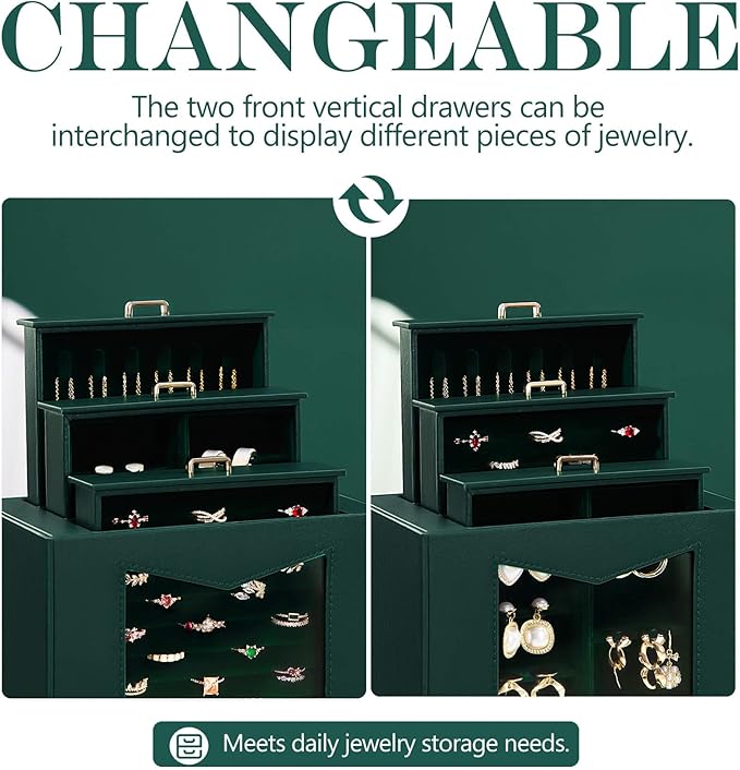 Homde Jewelry Organizer with Transparent Window Necklace Hooks Gift for Women Jewelry Box Display Case for Necklaces Rings Earrings Bracelets and Other Accessories (Forest Green)