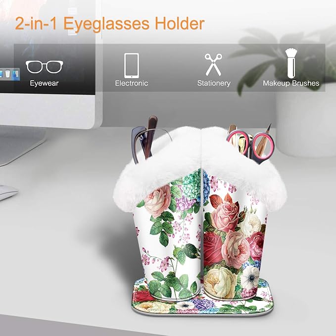 Fintie Plush Lined Double Eyeglasses Holder with Magnetic Base, Glasses Stand Case Organizer for Desk, Nightstand, Office, Flower Festival