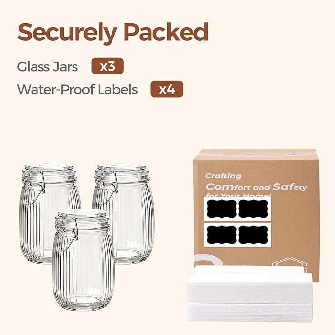 ComSaf Airtight Glass jar with lid 34oz Set of 3, Glass Storage Containers with Lids, Glass Canisters, Striped Clip Fastening Jar for Kitchen Canning, Tea, Pasta, Sugar, Beans, Cookie, Jam, Oat