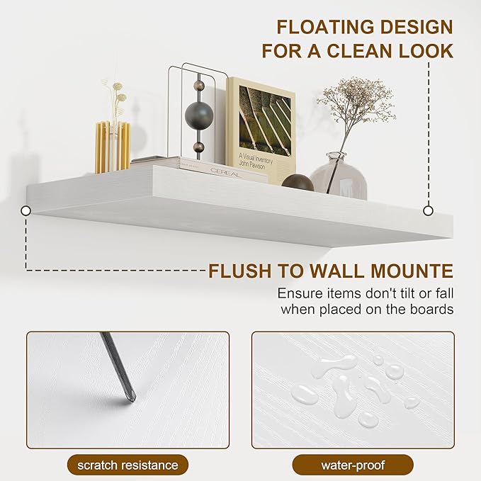 White Floating Shelves for Wall, 27.5 Inch Bathroom Shelves Set of 2, Rustic Wood Wall Shelf with Invisible Brackets for Books|Storage|Decor, 8 Inch Deep Floating Shelf for Bedroom|Kitchen