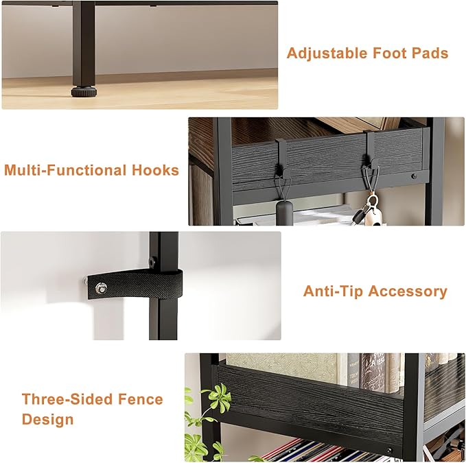 KOUSEI 6-Tier Corner Bookshelf, Reversible L-Shaped Bookcase with 4 Hooks, 69" Industrial Wood & Metal Storage Shelf for Living Room, Home Office & Bedroom, Black