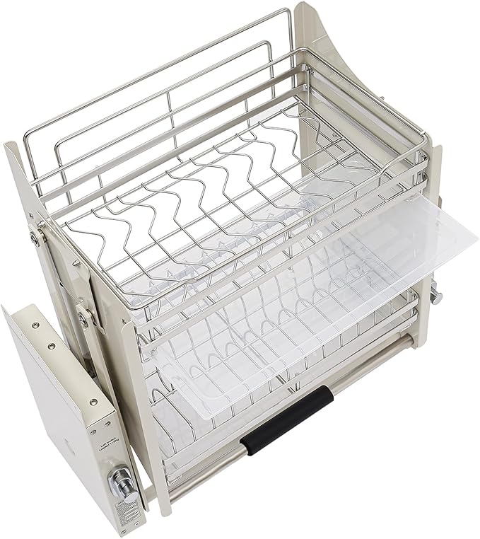DYRABREST Pull Down Cabinet Organizer, Stainless Steel 2-Tier Pull-Out Kitchen Cabinet Storage Shelf with Buffered Motion, Heavy Duty Lift System for Plates Spices Dishes