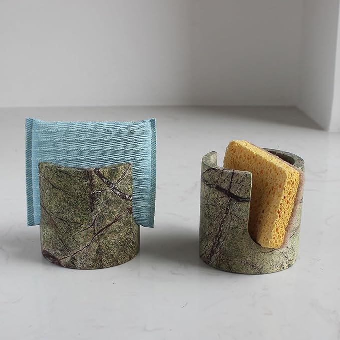 Natural Marble Travertine Sponge Holder for Kitchen Counter, Drying Rack, Sponge Caddy for Sink Organizer - Green Rainforest Marble