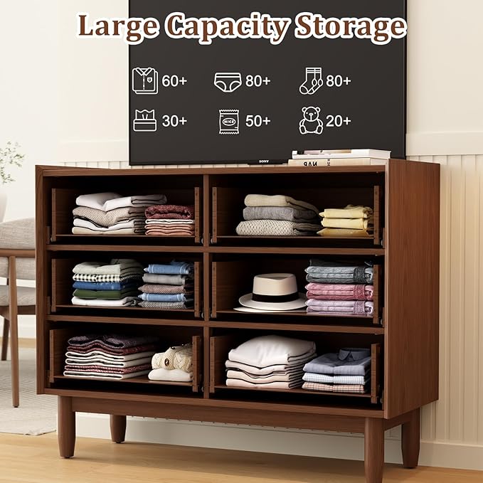6 Drawer Dresser for Bedroom,41.2" W Wood Chest of Drawers with Large Storage Cabinet, Mid-Century Dressers for Closet Kitchen, Sideboard