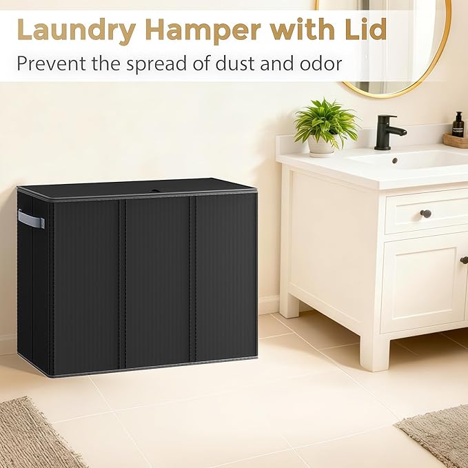 180L Laundry Hamper 3 Section, Large Laundry Basket with Lid, Laundry Basket Organizer with Handles, Black Divided Laundry Baskets, Clothes Hampers for Laundry, Bedroom, Bathroom