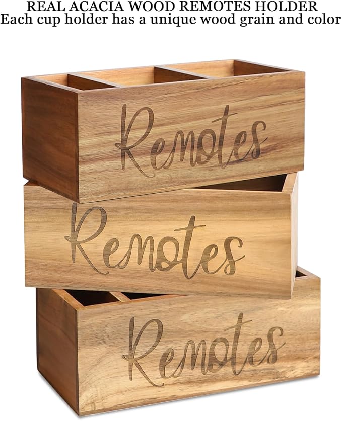 Remote Control Holder Caddy, Acacia Wood TV Remote Holder, Remote Organizer for Table, Vintage Farmhouse Desk Caddy (Brown-for 5+ Remote Controls)