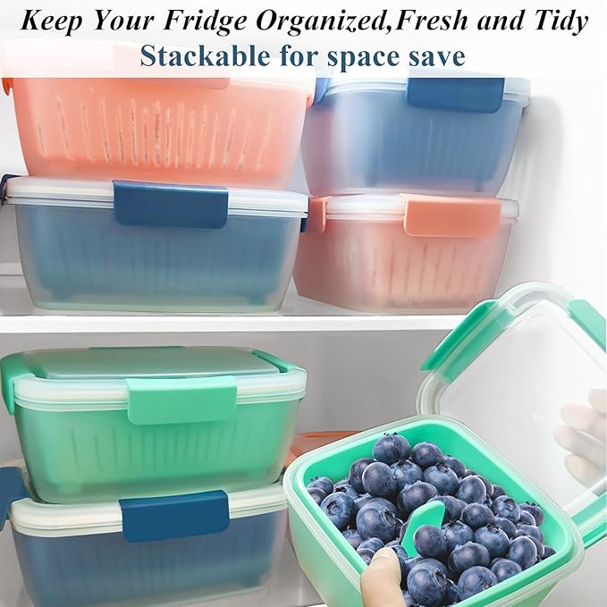 68oz Berry Keeper Fruit Storage Container for Fridge, Fresh Food Produce Saver Containers with Removable Drain Colanders, Vegetable Lettuce Keeper Bowl, Refrigerator Organizer, PRESS TO OPEN CLOSE LID