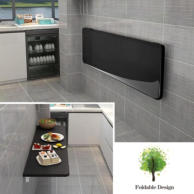 Wall Mounted Folding Table,Black Floating Desk for Small Spaces,Stainless Steel Bracket Laundry Folding Table,Wall Folding Desk,Home Bars and Dining Establishments(100x50cm/39.4"×19.7")