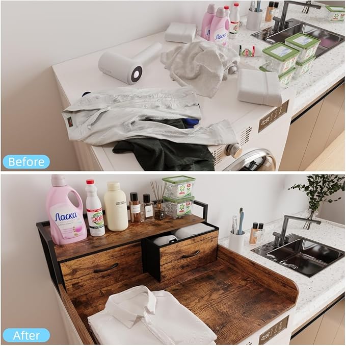 2-Tier Washer Dryer Countertop single with shelf and fabirc drawer,laundry topper with Edge and Non-Slip Pad for Washer Dryer Laundry Hamper Counter Storage Organization (rustic brown, single)