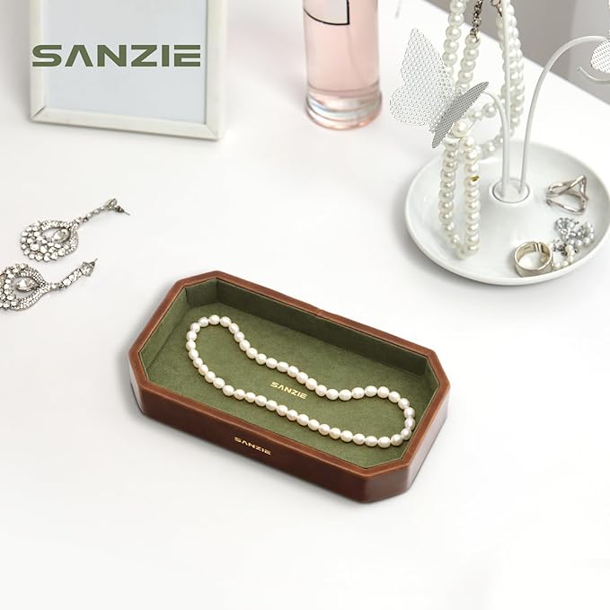 SANZIE Leather Tray Organizer Small Trays Decorative Tray Desktop Storage Premium Serving Tray Valet for Sundries Cosmetics Keys Phone Wallet Cutlery (Brown, Small)