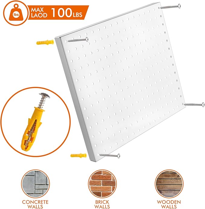 G.CORE Heavy Duty Metal Pegboard Organizer - Wall Storage Steel Peg Board Panels Set 1/4 inch Round Holes 17"x13" 4 Pack Garage Craft Tool Display Hanging Rack Organization Kit with Mounting Hardware