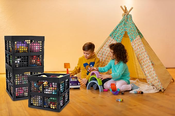 3-Pack Collapsible Plastic Storage Crates,Foldable Crates for Storage,16L (Black)