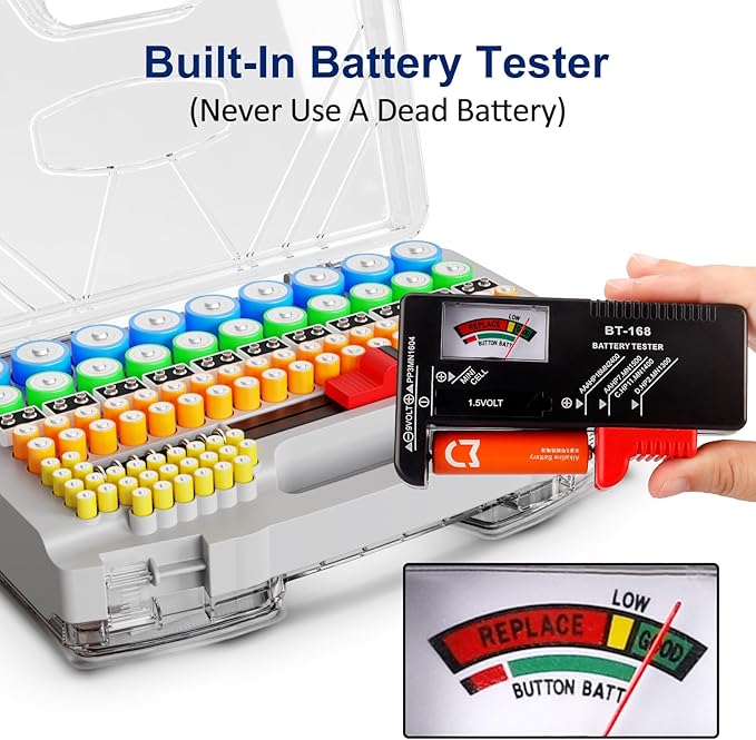 Battery Organizer Storage Case, Battery Storage Holder Organizer Box with Tester - 285 Batteries Double-Sided Variety Pack, Holds AA AAA 4A C D Cell 9V 3V Lithium LR44 CR2 CR123 CR1632 18650 Button