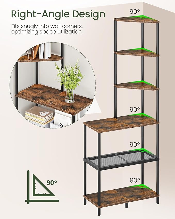 6-Tier Corner Shelf, Industrial Corner Bookshelf with Desk Top, Diamond-Shaped Storage Shelves, Display Stand for Small Spaces, Living Room, Home Office, Foyer, Rustic Brown and Black TCJ70BF