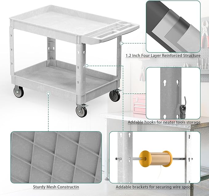 Heavy Duty Utility Rolling Tool Cart, 550 lbs Capacity Plastic Rolling Carts with 360°Swivel Wheels, 40 x 25 Inch Service Cart, 2 Shelf Work Cart for Warehouse,Garage, Cleaning, Grey