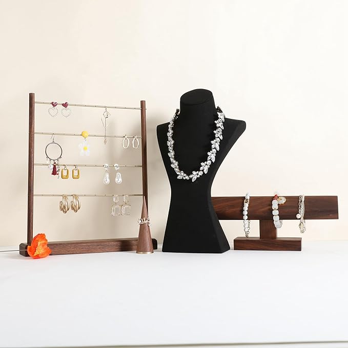 GemeShou Walnut earrings display stand for selling, wooden jewelry earring organizer shelf, wood earring storage organizer rack for boutique store【Earring shelf-Large】
