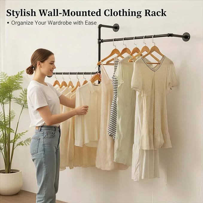 Industrial Pipe Clothing Rack Wall Garment Rack with Pipe Clothes Rails, Multi-Purpose Heavy Duty Clothing Hanging Rods Space-Saving Clothes Bar Organizer Closet (wall clothing rack-2 hanging rods)