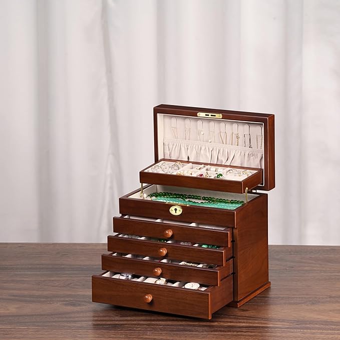 Vintage Wooden Jewelry Box with Dual Key Lock, Carved Top, Necklace Hooks – Antique Jewelry Organizer for Dresser Tabletop, Jewelry Storage Boxes for Women