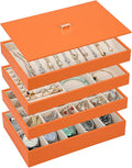 Voova Stackable Jewelry Organizer Tray with Lid, PU Leather Jewelry Storage Holder for Drawer Inserts, Jewellery Display Box Case for Earring Necklace Ring Watch Bracelet (Set of 4, Orange)