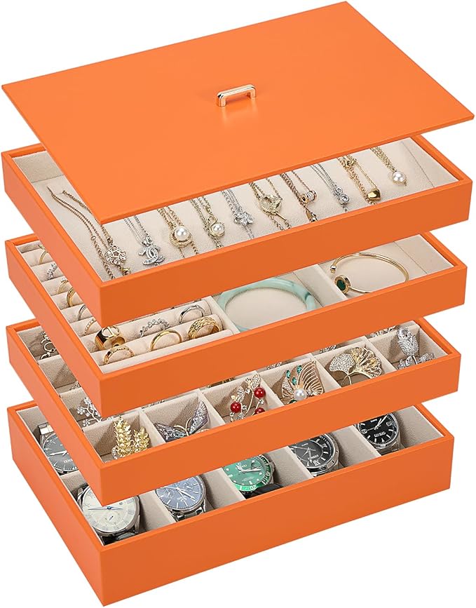 Voova Stackable Jewelry Organizer Tray with Lid, PU Leather Jewelry Storage Holder for Drawer Inserts, Jewellery Display Box Case for Earring Necklace Ring Watch Bracelet (Set of 4, Orange)