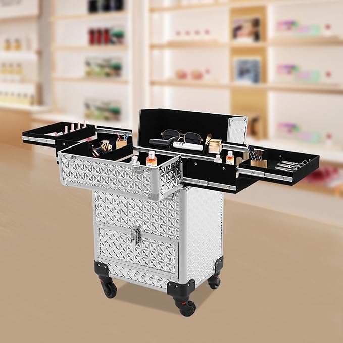 Rolling Makeup Case, Nail Storage Box with Wheels Portable Makeup Trolley for Beauty Studio Hairdressers Nail Technician (Silver)